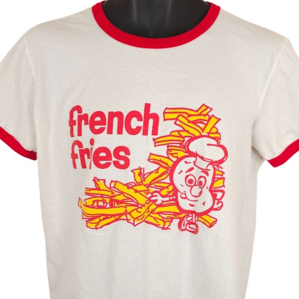 French Fries T Shirt Mens Size Medium White Red Fast Food Snack Ringer Tee